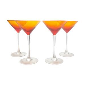 1960s Vintage Mid-century 4 Amber Orange Frond Etched Martini Cocktail Glasses